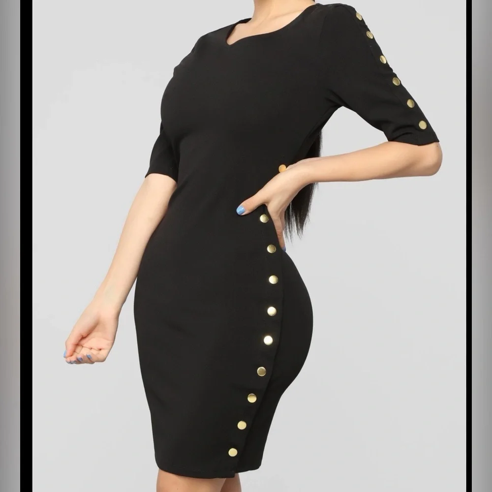 Haute Monde Black Mini Dress with Gold Accents - Picture 1 of 5